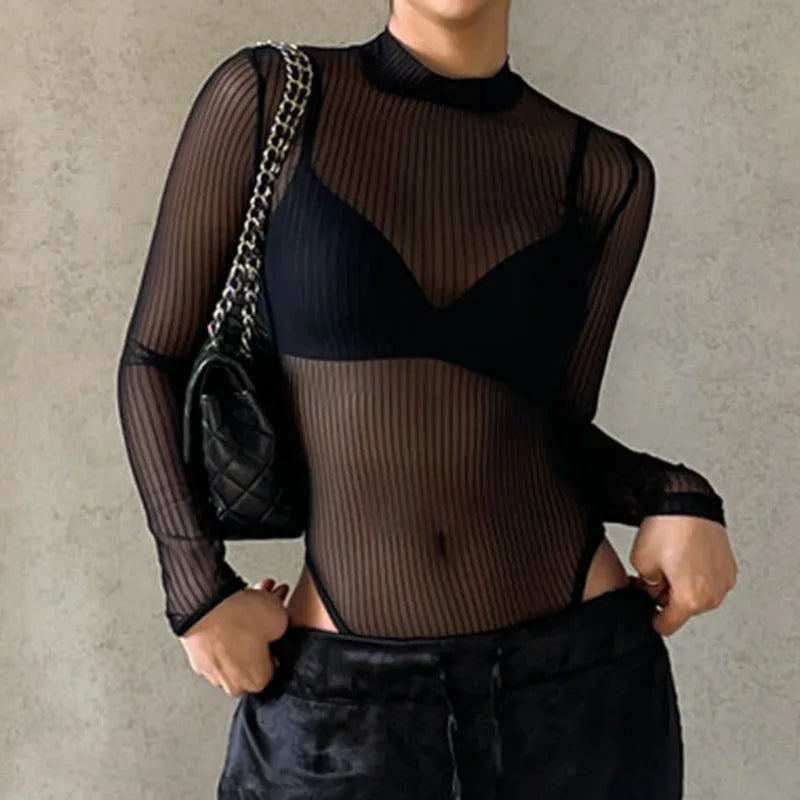 See Through Bodysuit Backless Hollow Out Transparent Club Jumpsuits Women Solid Black Tee Summer Elegant Sexy Streetwear