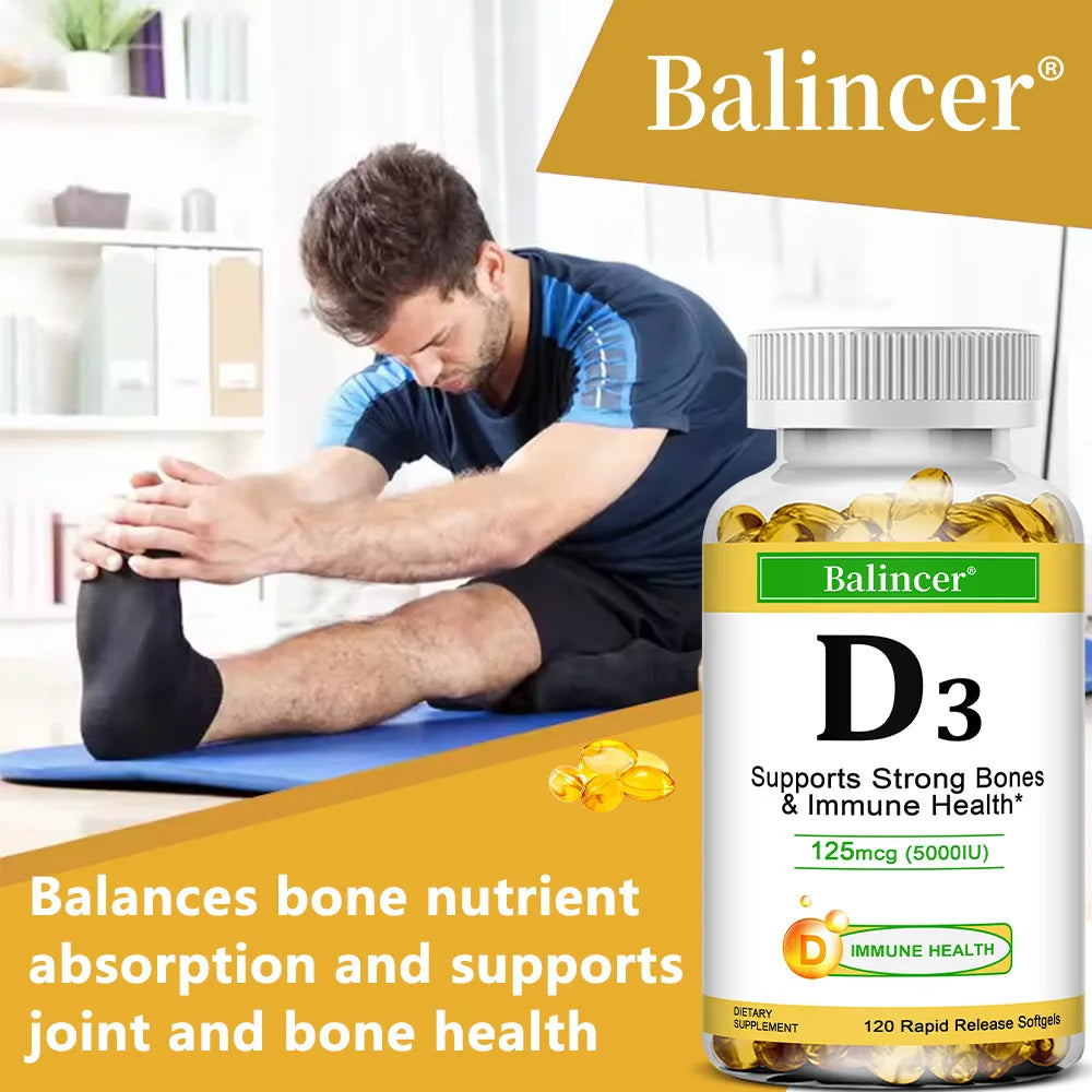 Balincer Vitamin D3 5000 IU (125 Mcg), Dietary Supplement for Bone, Teeth, Muscle and Immune Health Support, 30/60/120 Softgels