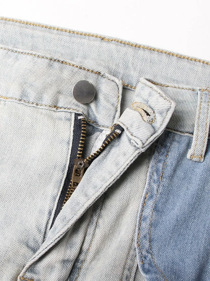 VGH Crisscross Hit Color Streetwear Denim Trousers For Women High Waist Patchwork Pockets Hollow Out Split Pants Female 2024