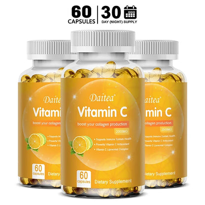 Daitea Vitamin C Capsules 2000 mg Nutritional Supplement - Antioxidants promote skin, hair, nails and immune health 60 count-3 bottle