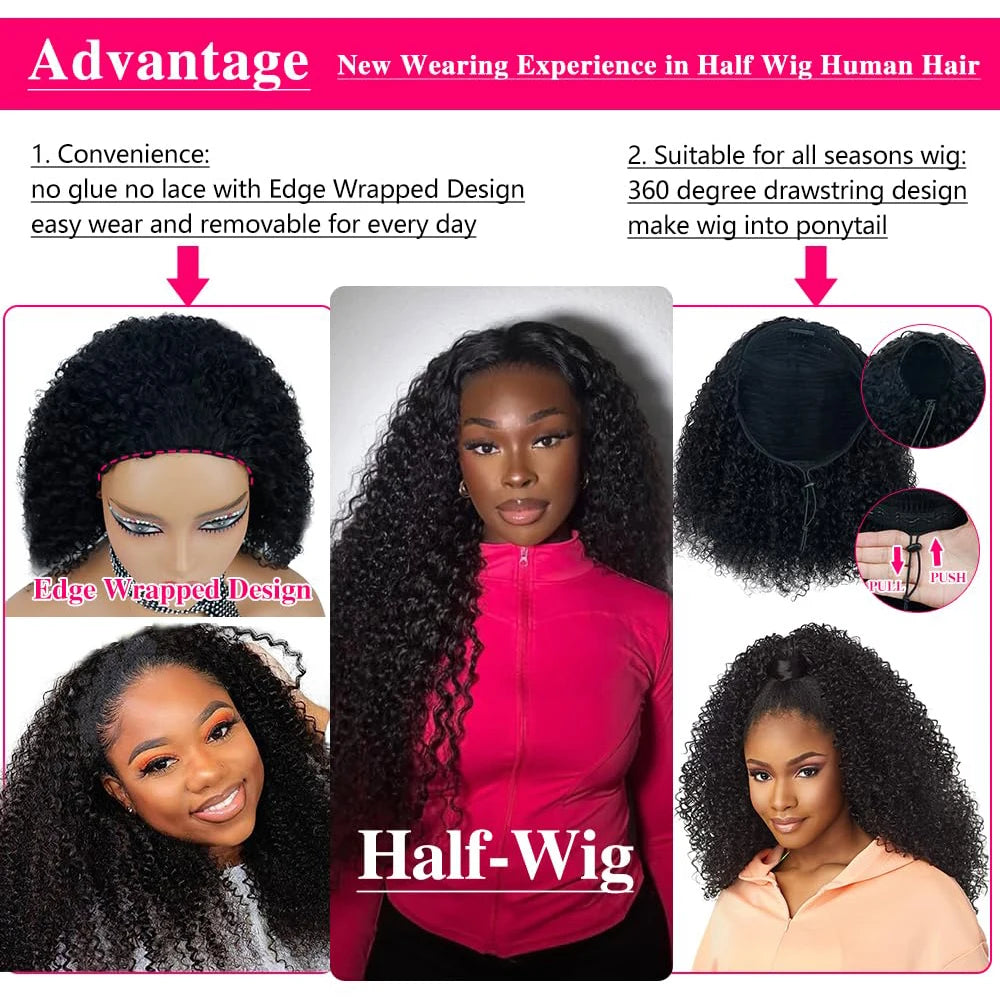 Deep Curly Half Wig Human Hair Glueless Wig Human Hair Ready to Wear 3 IN 1 Half Wig Drawstring Jerry Curly Glueless Half Wig Badiee Stylez