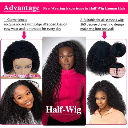 Deep Curly Half Wig Human Hair Glueless Wig Human Hair Ready to Wear 3 IN 1 Half Wig Drawstring Jerry Curly Glueless Half Wig Badiee Stylez
