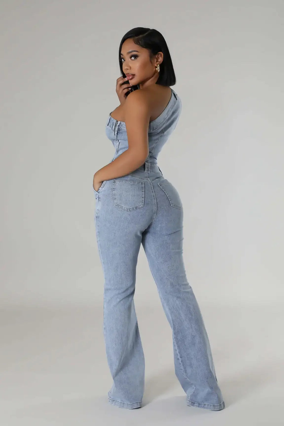 Flare Denim Pants Full Length Women Jeans One Piece Overalls Spliced Solid Jumpsuits Loose Pockets High Waist Basics Washed