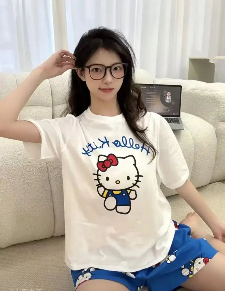 Hello Kitty Summer White & Blue Pajama Set Women's Short Sleeve Shorts with Lace Accents Soft Breathable Loungewear Home Comfort