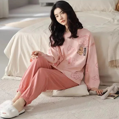 Plus Size Ladies Pajamas Set Fall and Winter Long-Sleeved Student Homewear Women Two-Piece Cartoon O-Neck Sleepwear Loungewear C012Pink
