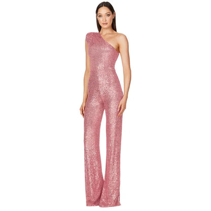 Women Elegant Long Jumpsuits Sexy Glitter Sequin Club Ladies Playsuits Slanted Collar Party Fashion Backless Solid Romper 2024 Badiee Stylez