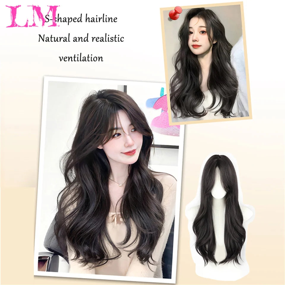 LM Long Silky Straight Synthetic Wigs with Bangs Black Cosplay Party Lolita Hair Wigs for Women Natural Heat Resistant Wig