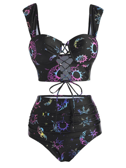 Dressfo Women's Vintage Tanknini Swimsuit Sun Moon Print Lace Up Cut Out Ruched High Waist Bottom Push Up Underwire Swimwear