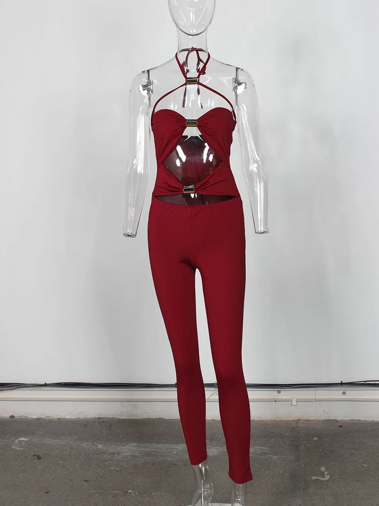 Sibybo Sleeveless Hollow Out Jumpsuit Women Fashion Metal Buckle Halter Backless Bodycon Rompers Overalls Sexy Party Clubwear Wine Red