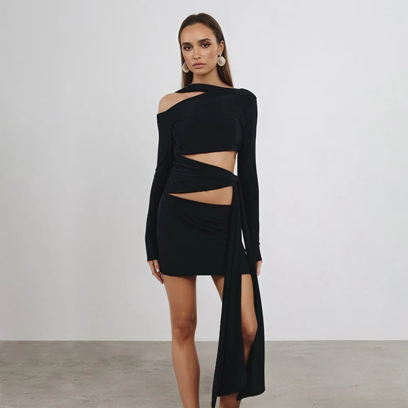 Nsauye Women New Fashion Halter Long Sleeve Mini Hollow Out Irregular Dress Outfits Elegant Sexy Night Club Lace Up Party Dress