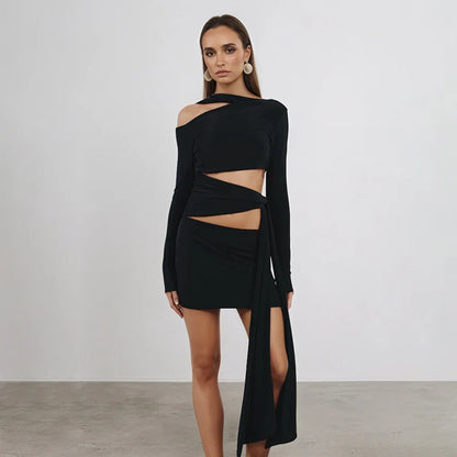 Nsauye Women New Fashion Halter Long Sleeve Mini Hollow Out Irregular Dress Outfits Elegant Sexy Night Club Lace Up Party Dress