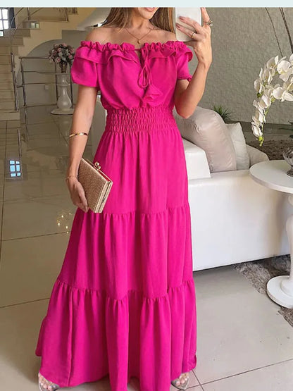 2025 Summer Solid Boho Dress Women Fashion Elegant Beach Party Dress Casual Slash Neck Office Maxi Dresses For Woman Robe Femme