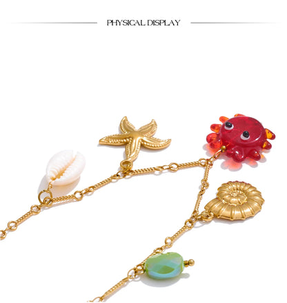 Yhpup Ocean Style Summer Fashion Jewelry Crab Starfish Shell Pendant Necklace Stainless Steel Golden Charm Pendant Accessories
