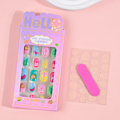 24Pcs Children Cartoon Nail Tips Colorful Cute Rabbit Pink Stars 6-14 Years old Girl Fake Nail With Jelly Glue Kids False Nail TC0007-2
