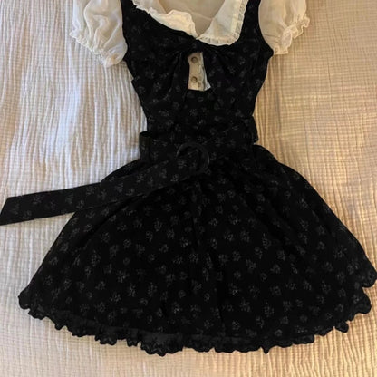 Sweet Gyaru Chic Dress y2k Summer Women's Clothing Floral Puff Sleeve Girdling Waist Lady Gowns Lace Up Ruffled Graceful Dresses Badiee Stylez