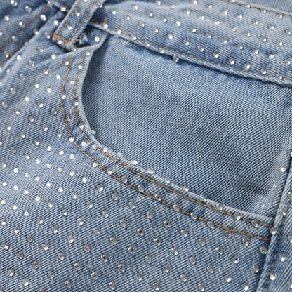 Y2k Women Shiny Rhinestone Denim Pants Wide Leg Straight Full Diamond Jeans for Female Dragging High Street Outwear Trousers