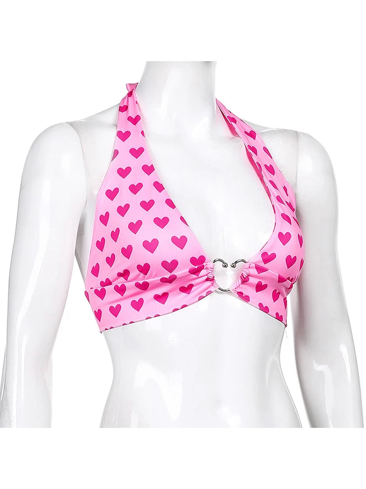 Pink Heart Print Cute Bustier Crop Top Women Aesthetic Kawaii Clothes Sleeveless Backless Lace Up Bralette Camisole