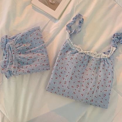 Summer Ins Sle Women's Cotton Spwear Sweet Strap ort Pants Home Clothes Sexy Cute Japanese Sle Pure Desire Home Clothes Cherry blue-sling suit