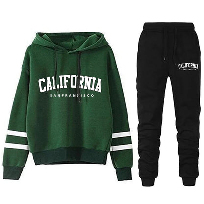 California Womens Tracksuit Casual Stripe Versatile Hooded Sweatshirt or Pants or Suit Simplicity Hot Sales Street Outfits S-3XL GreenSet
