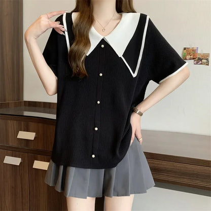Plus Size Summer Knitted Short Sleeve T-Shirt Double Collar Polo Neck Loose Fit Meat Concealing Top for plus Size Women