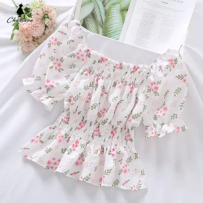 Sweet Broken Flower Slash Neck Women Blouse Agaric Edge Pleat Design Slim Elastic Waist Cropped Top Cute Chiffon T-shirt Summer