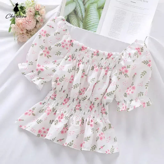 Sweet Broken Flower Slash Neck Women Blouse Agaric Edge Pleat Design Slim Elastic Waist Cropped Top Cute Chiffon T-shirt Summer