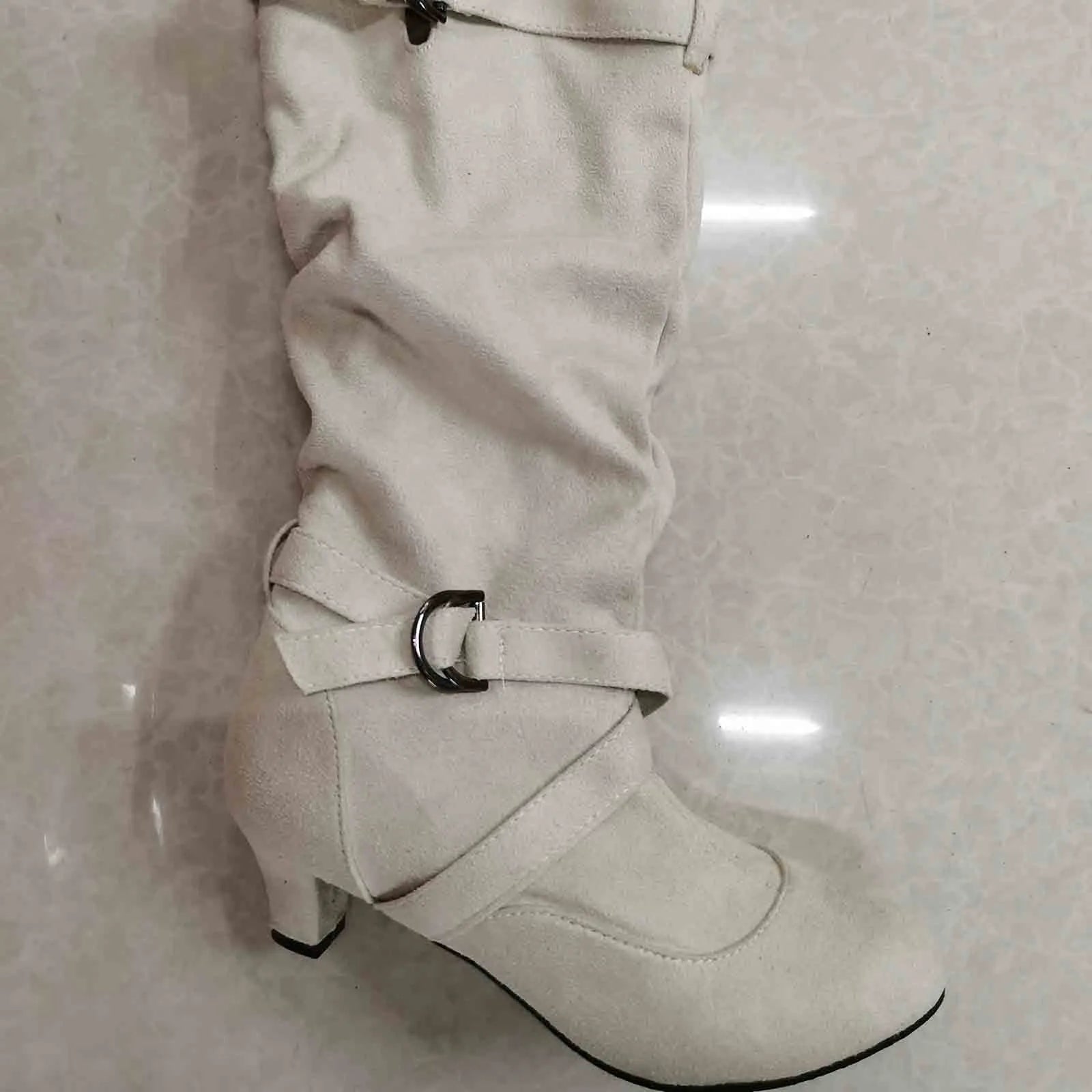 Leather Calf Boots For Women Low Heel Women's Foreign Trade Autumn And Winter New Mid Heel Slip Fashion Plush Mid Medium Boot