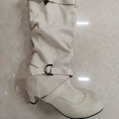 Leather Calf Boots For Women Low Heel Women's Foreign Trade Autumn And Winter New Mid Heel Slip Fashion Plush Mid Medium Boot