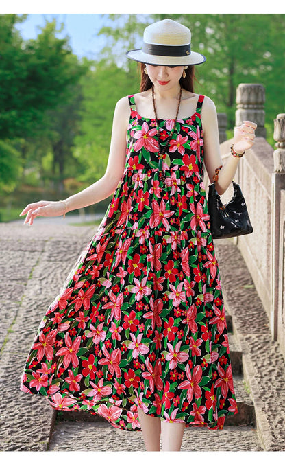New Fashion Casual 2025 Summer Elegant Dresses For Women O-Neck Print Vintage Sleeveless Dress Loose Women Clothing