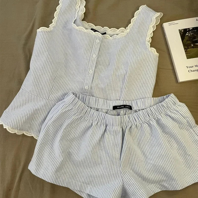 Striped Women Pajamas Summer Sleepwear Sleeveless Shorts Sets 2 Pieces Lace Night Wears Tank Korean Sleeping Home Suit 2025 New