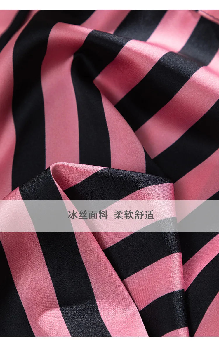 Women Long Sleeve Pajamas 2PCS Set Spring Summer New Sleepwear Loungewear Fashion Stripes Pyjama Pour Femme Loose Satin Homewear