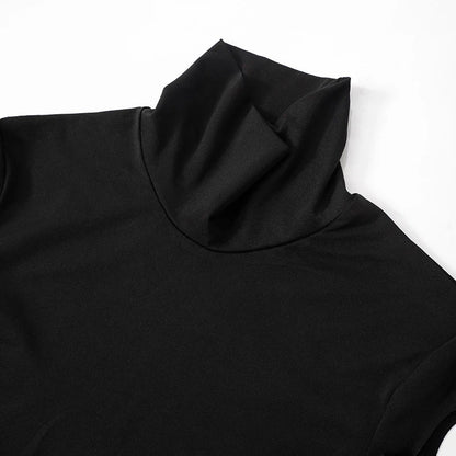 OMSJ Asymmetric Hot Girl Personality Set Hollowed Out Design Long Sleeve High Collar Bodysuit+Elastic Waist Leggings Pants Party