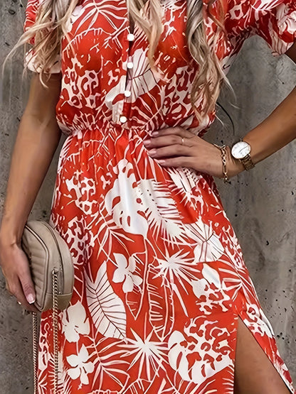 Plus Size Floral Print V Neck Dress, Casual Short Sleeve Dress For Spring & Summer, Women's Plus Size Clothing