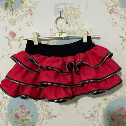 Zipper Half Skirt for Women Retro Punk Subculture Cake Puffy Skirt Japanese Lolita Y2K Spicy Girl High Waist Ultra Short Skirt