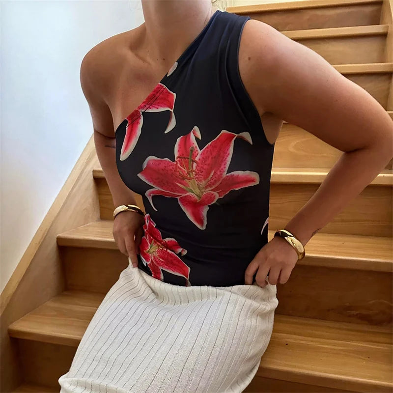 Xingqing One Shoulder Tank Top for Women Floral Print Sleeveless Backless Vest Cropped T Shirt y2k Aesthetic Clothing Streetwear