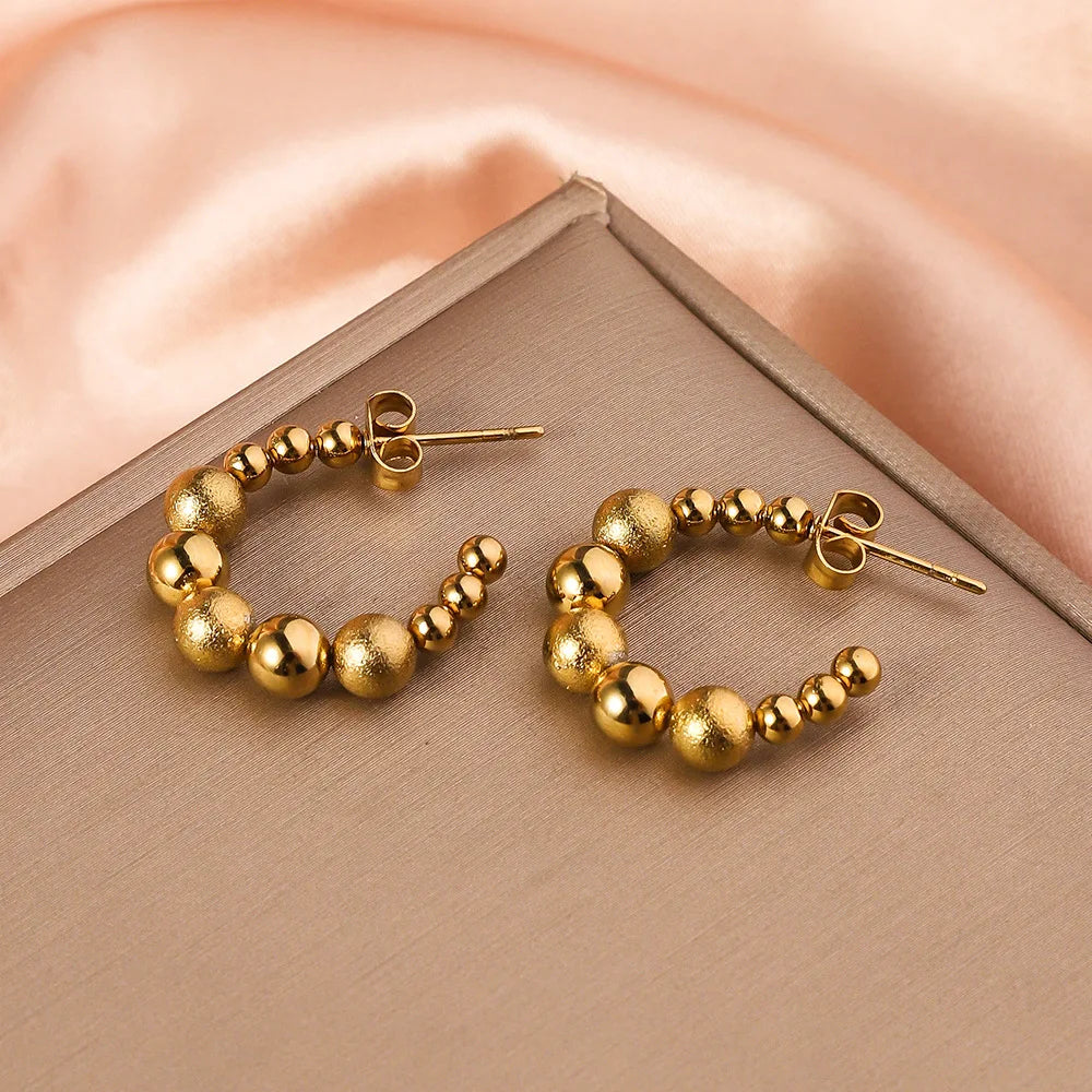 Stainless Steel Women's Hoop Earrings, Non Fading Fashionable Gold Color Metal Bead Earrings, Classic Jewelry Accessories