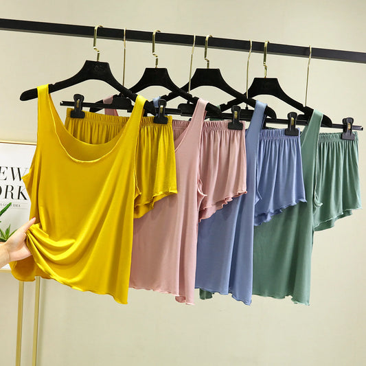 Casual Pyjama Pour Femme Summer Modal Tank Top Shorts Two-Piece Set Round Neck Sleeveless Home Wear Clothes Women Pajamas Suit