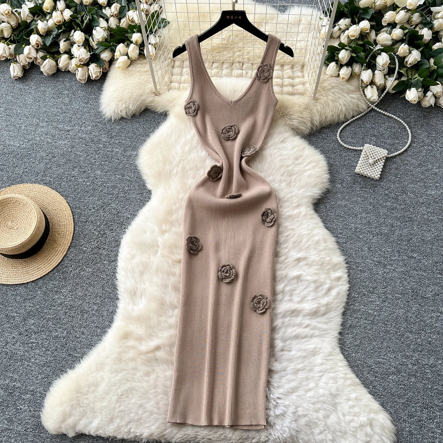 SINGREINY Knitted 3D Flower Chic Dress Sleeveless Slim Solid Elastic Sundress Women Summer Casual Fashion Bodycon Long Dresses