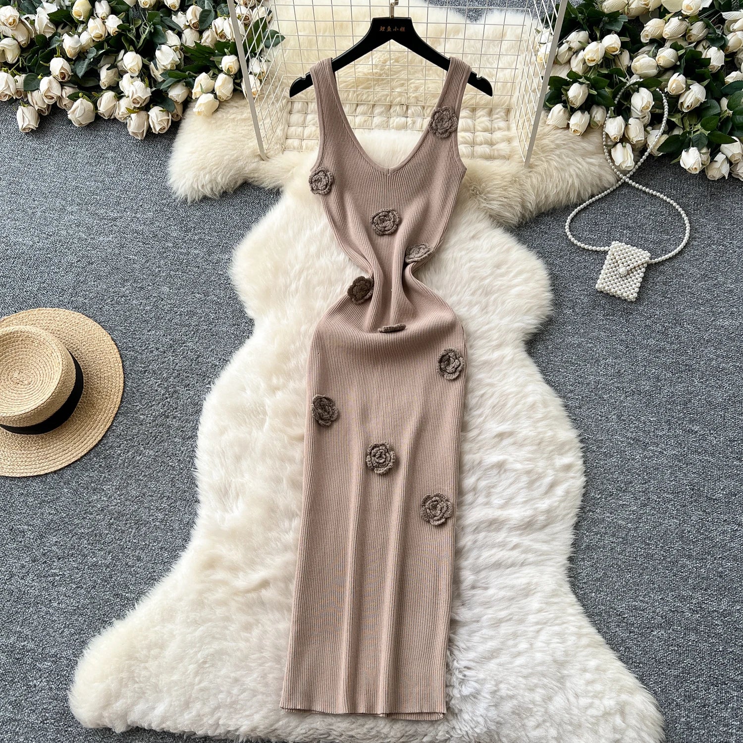 SINGREINY Knitted 3D Flower Chic Dress Sleeveless Slim Solid Elastic Sundress Women Summer Casual Fashion Bodycon Long Dresses