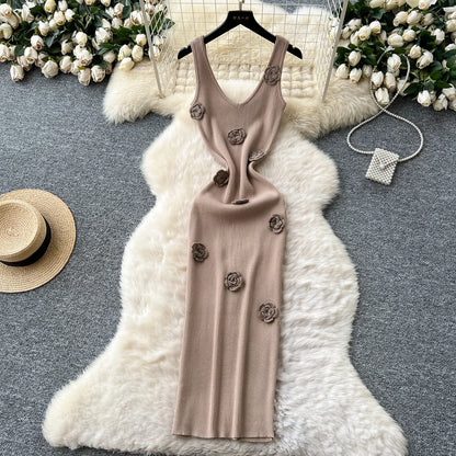 SINGREINY Knitted 3D Flower Chic Dress Sleeveless Slim Solid Elastic Sundress Women Summer Casual Fashion Bodycon Long Dresses