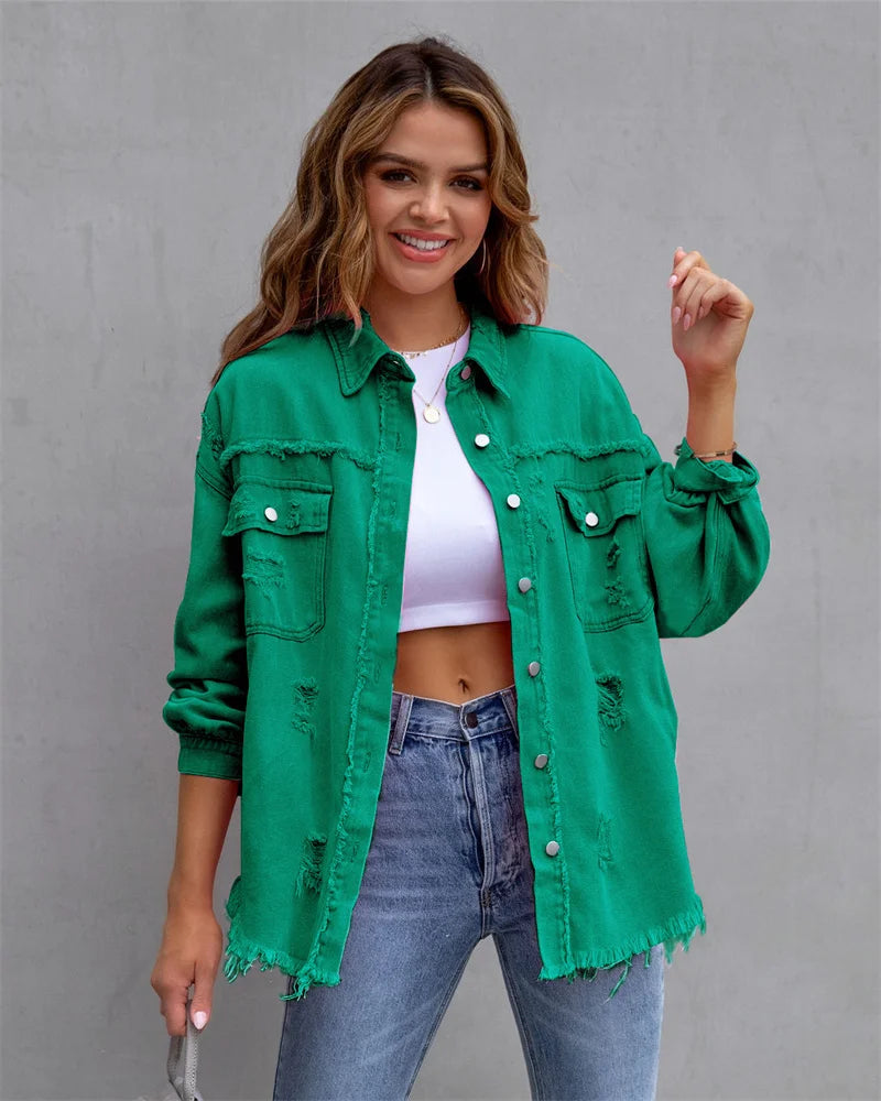 2025 Spring Autumn Shirt Style Denim Jacket Women Holes Raw-edges Jeancoat Casual Tops Female Oversize Loose Outerwear 7 Colors Green