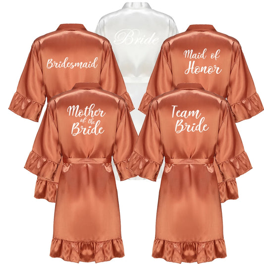 Wedding Bride Bridesmaid Robes for Women Bridal Party Gifts Team Dress Gown Silk Satin Sleepwear Kimono With Ruffle White Letter
