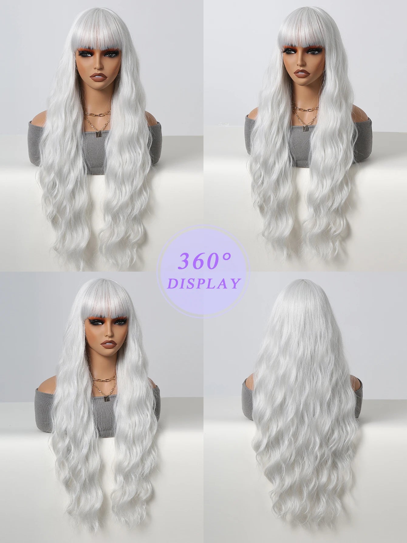 Super Long Curly Silver Synthetic Wig with Fluffy Bangs White Water Wave Hair Wigs for Women Daily Use Cosplay Colored Hair Wig