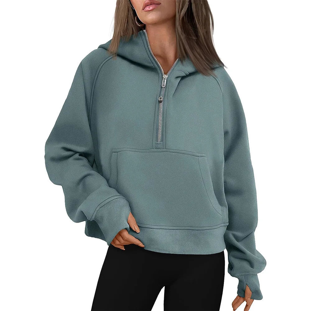 Half Zip Sweatshirts Cropped Hoodies Fleece Womens Quarter Zip Up Pullover Sweaters Fall Outfits 2024 Winter Clothes green