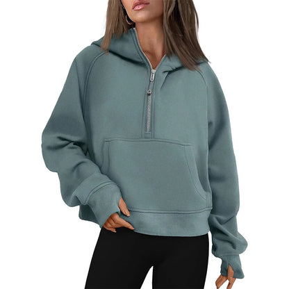 Half Zip Sweatshirts Cropped Hoodies Fleece Womens Quarter Zip Up Pullover Sweaters Fall Outfits 2024 Winter Clothes green