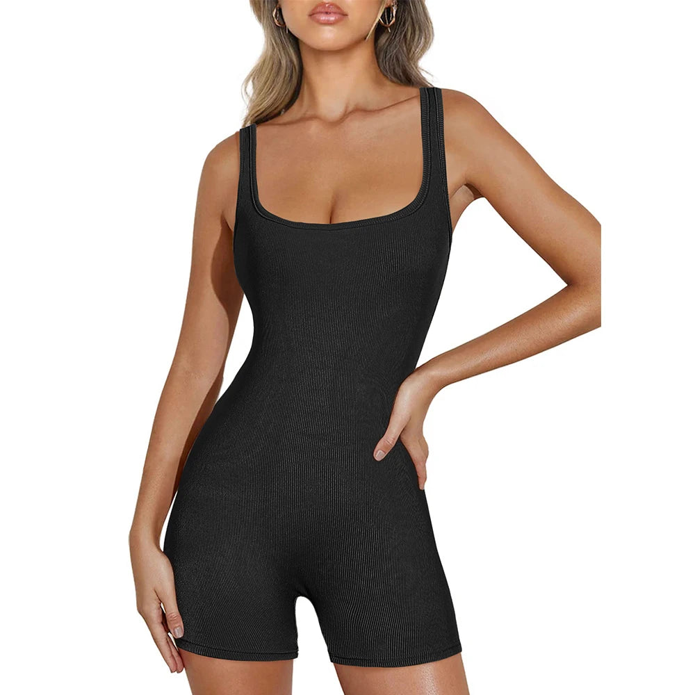 Women's Solid Color Camisole Square Neck Stretchy One-Piece Jumpsuit Sports Tank Top with Tight Pants And Belly Control Black