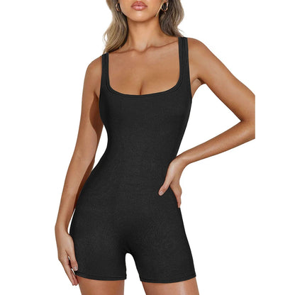 Women's Solid Color Camisole Square Neck Stretchy One-Piece Jumpsuit Sports Tank Top with Tight Pants And Belly Control Black