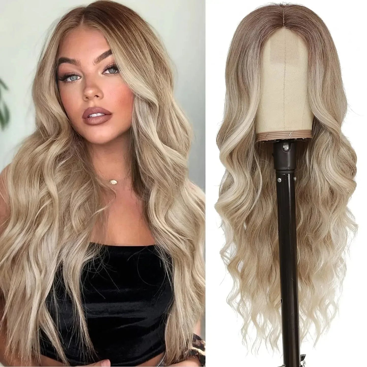 Synthetic Long Lace Wig Matte Silk Ombre Platinum Blonde Wavy Wig for Women 26 Inch Curly Middle Part Extension for Daily