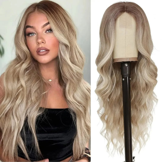 Synthetic Long Lace Wig Matte Silk Ombre Platinum Blonde Wavy Wig for Women 26 Inch Curly Middle Part Extension for Daily