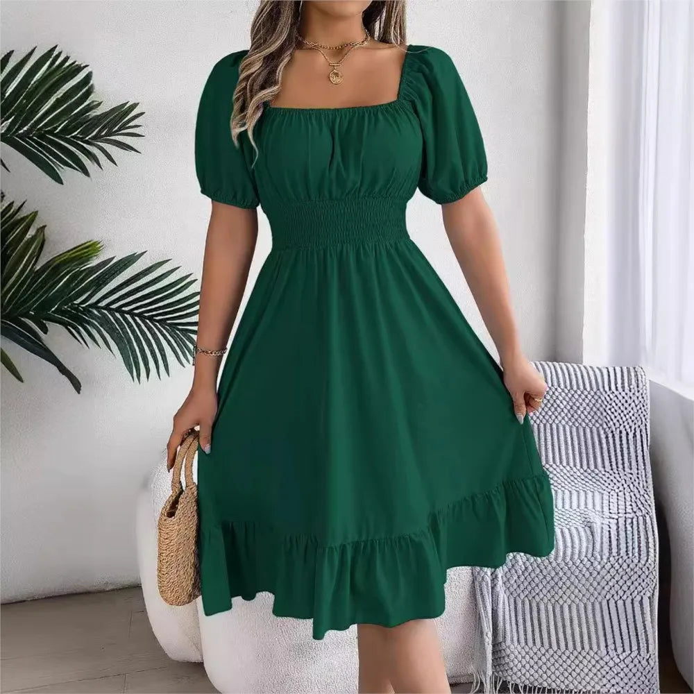 Women's MIidi Dresses 2024 Summer Casual Square Neck Short Sleeved Waist Ruffle Edge Dress Dress Women Elegant Платья Женские Badiee Stylez